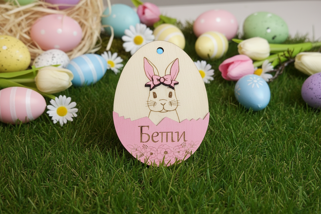 Дървено яйце с име – Персонализиран детски етикет