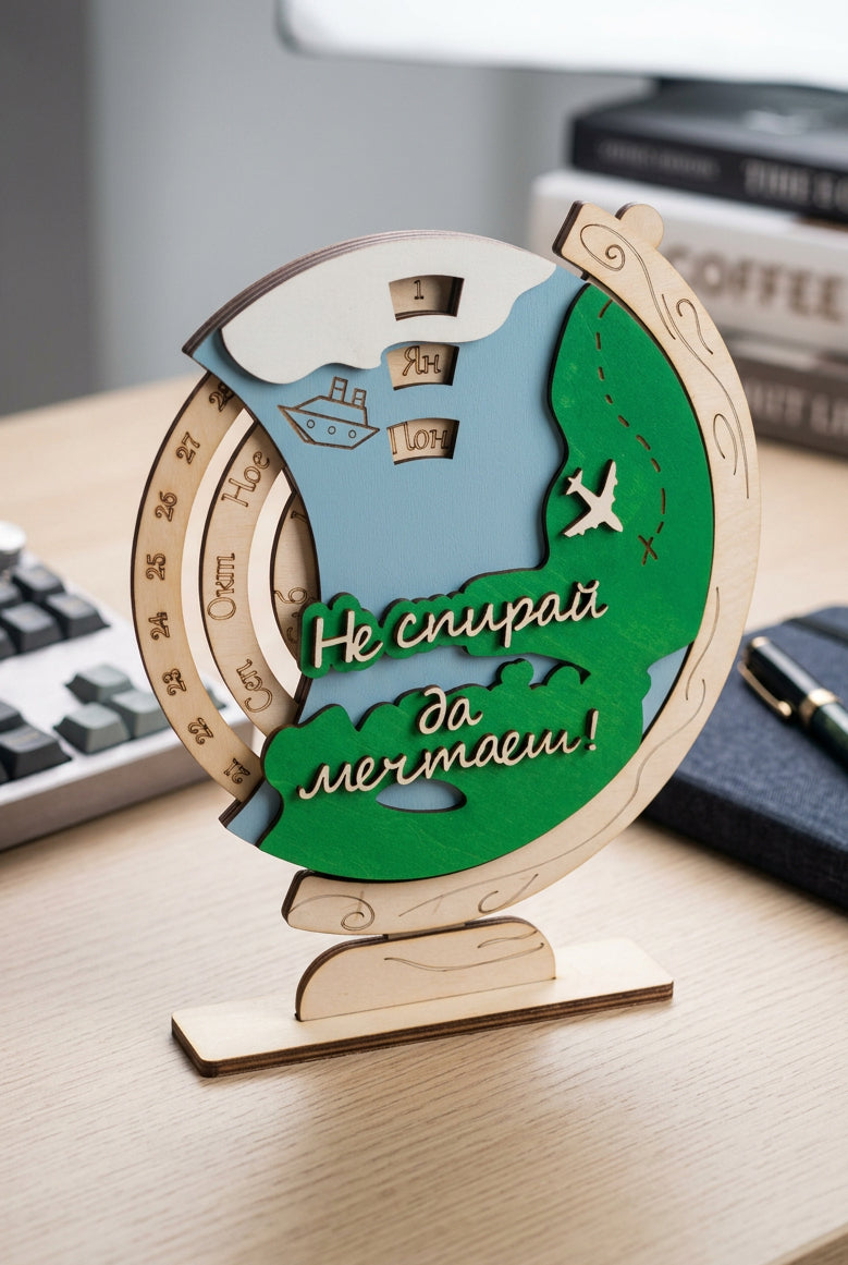 Personalized wooden perpetual calendar traveller's edition with custom engraved text, desk display