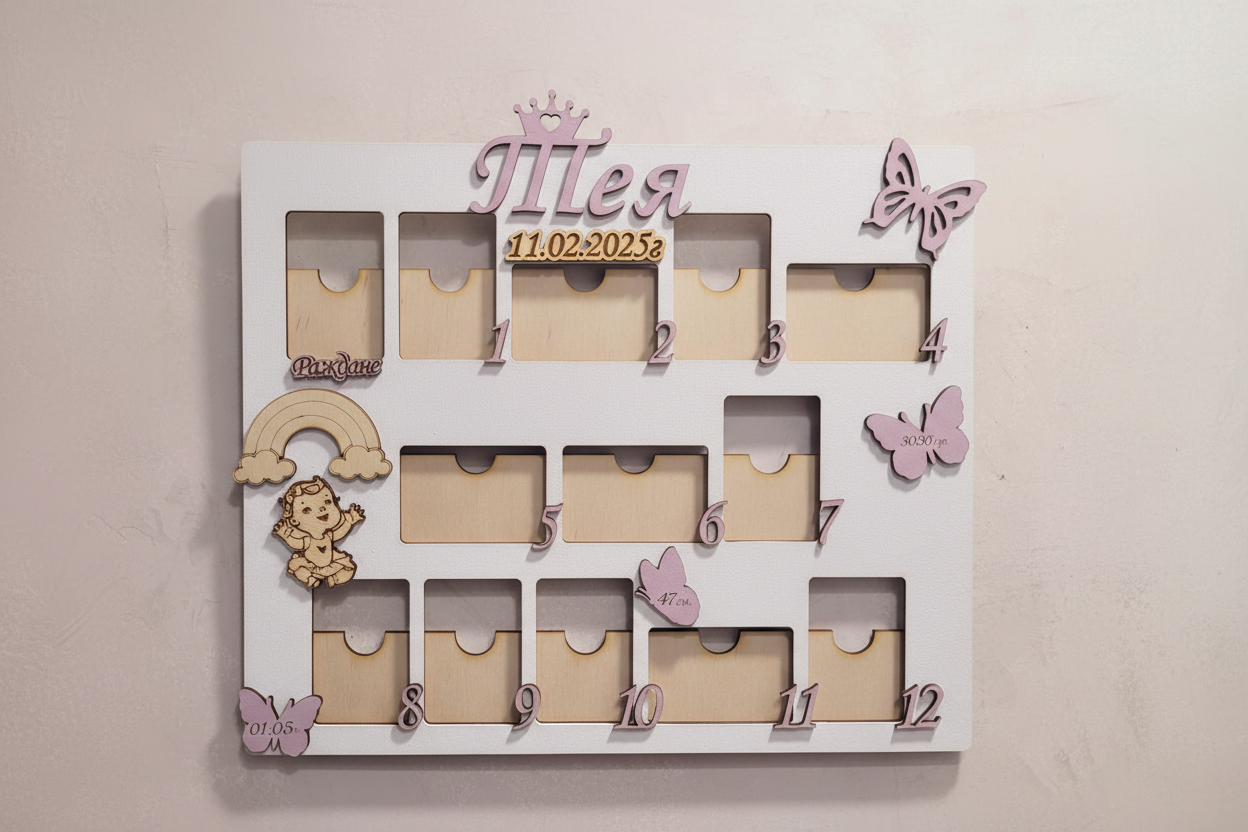 Фоторамка „1 година“ за бебе – Персонализирана с рождени данни