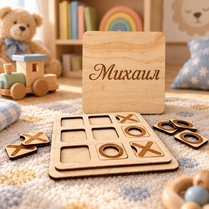 Personalized Wooden Tic Tac Toe Game - Laser Engraved with Name