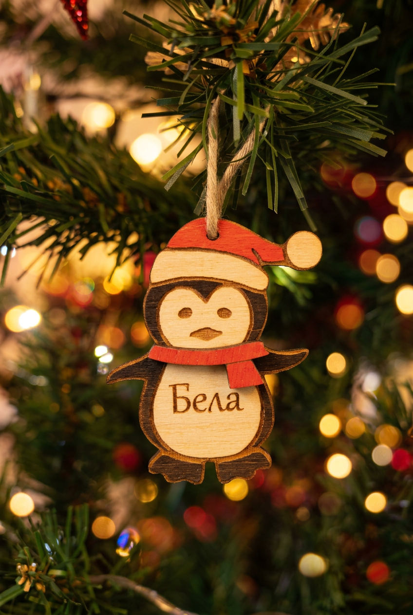 Personalized plywood penguin Christmas tree ornament with custom engraved name