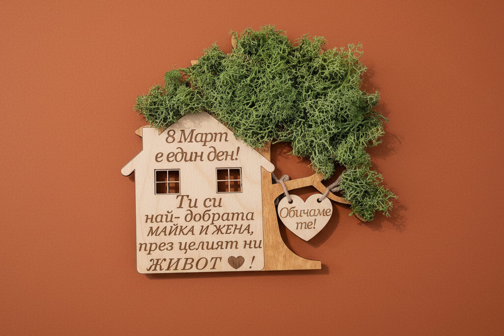Wooden House with Scandinavian Moss – 8th of March Gift with Custom Text