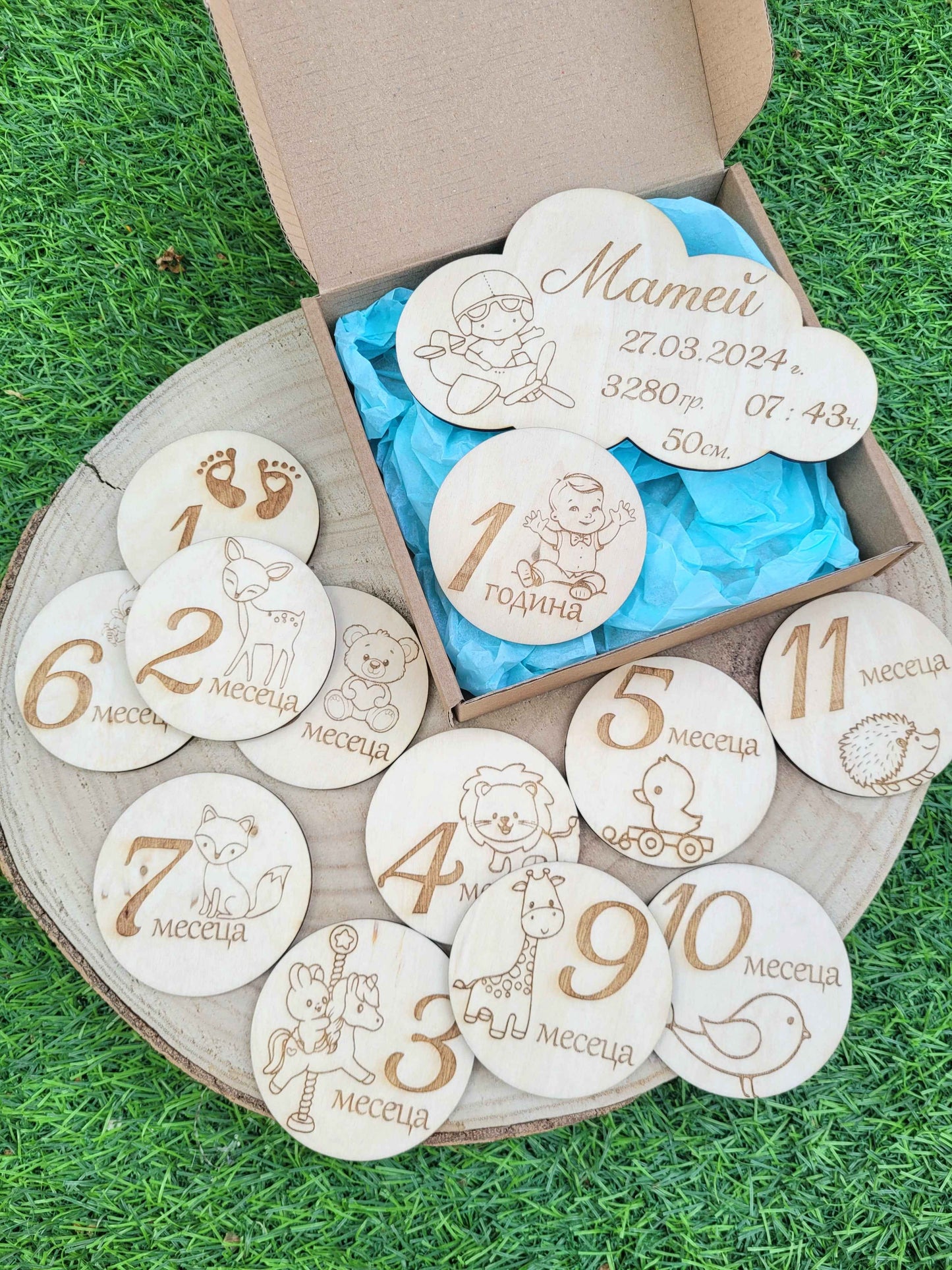 Wooden milestone discs with baby illustrations and numbers in a box on grass
