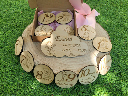 Wooden baby milestone discs with engraved baby, animals, numbers and text on a grass background