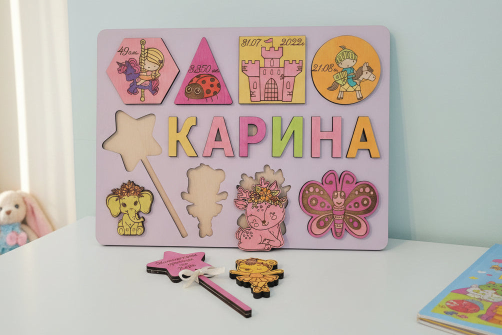 Personalized Wooden Baby Name Puzzle with Birth Info & Magic Wand