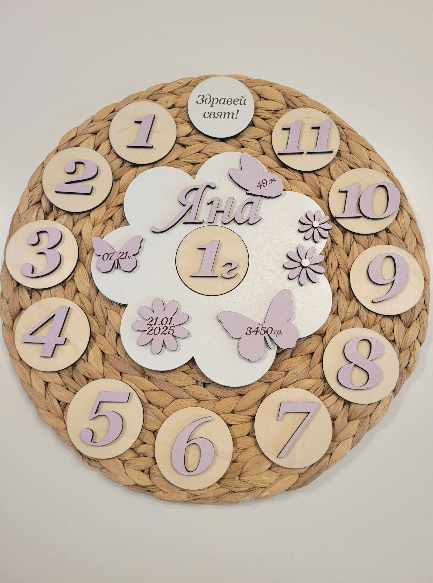Wooden baby milestone board with pink numbers and decorative elements on a white background