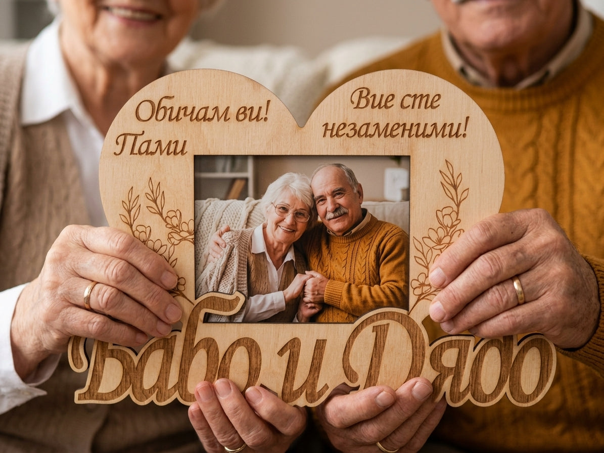 A wooden heart-shaped photo frame with engraved Bulgarian text and floral details, held by hands in front of an older couple. The frame has a custom photo insert of the couple inside, and the bottom piece reads Grandma and Grandpa